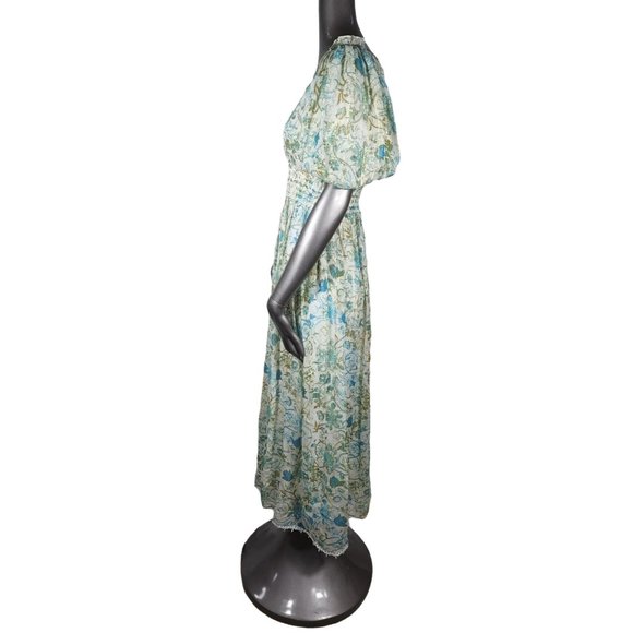 Rococo Sand NWT Blue Lace Maxi Dress Ruched Floral Metallic Small - Picture 3 of 6